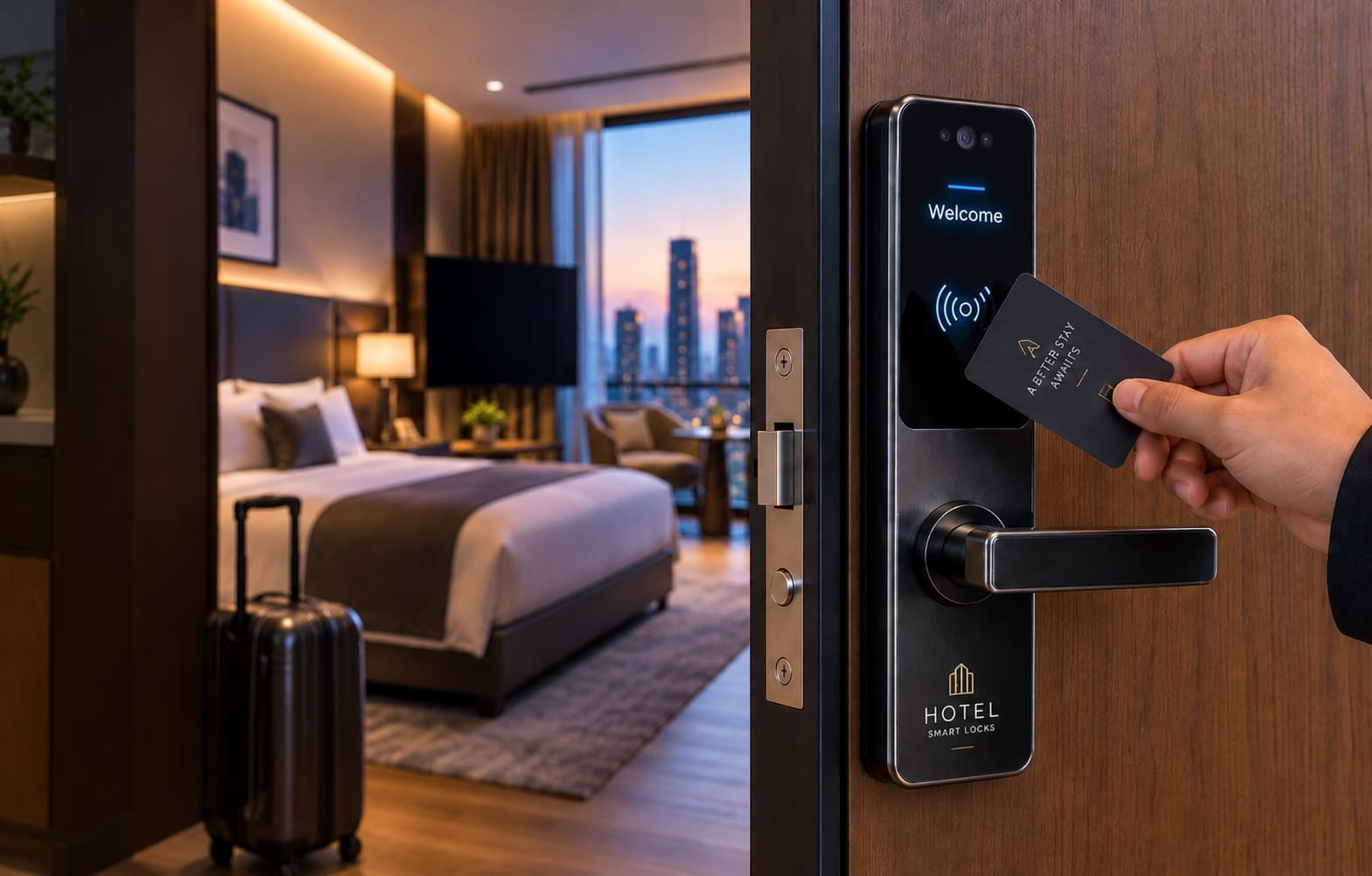 A guest tapping a keycard against a hotel room smart lock