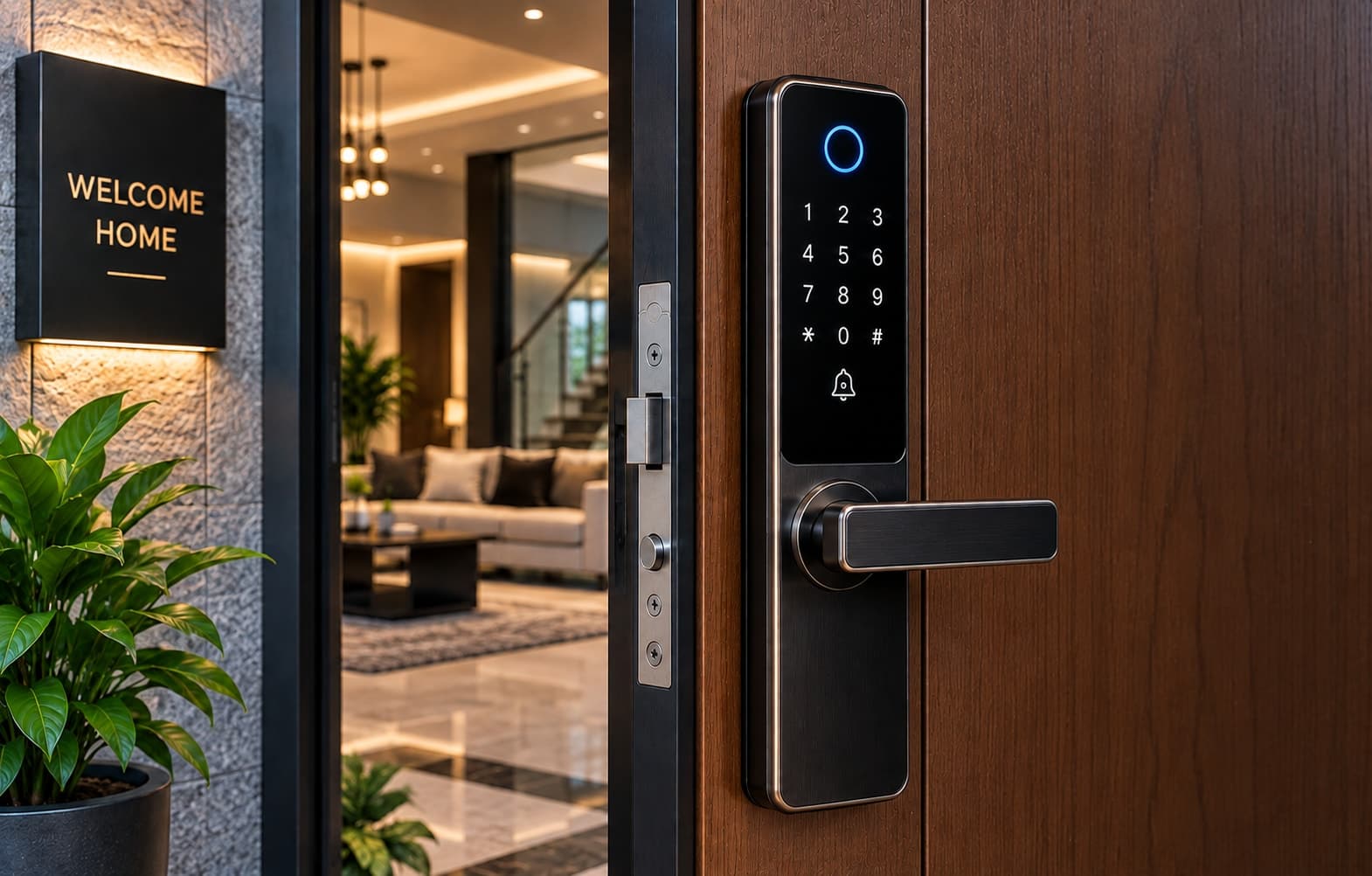 A smart lock installed on a home's main entrance door