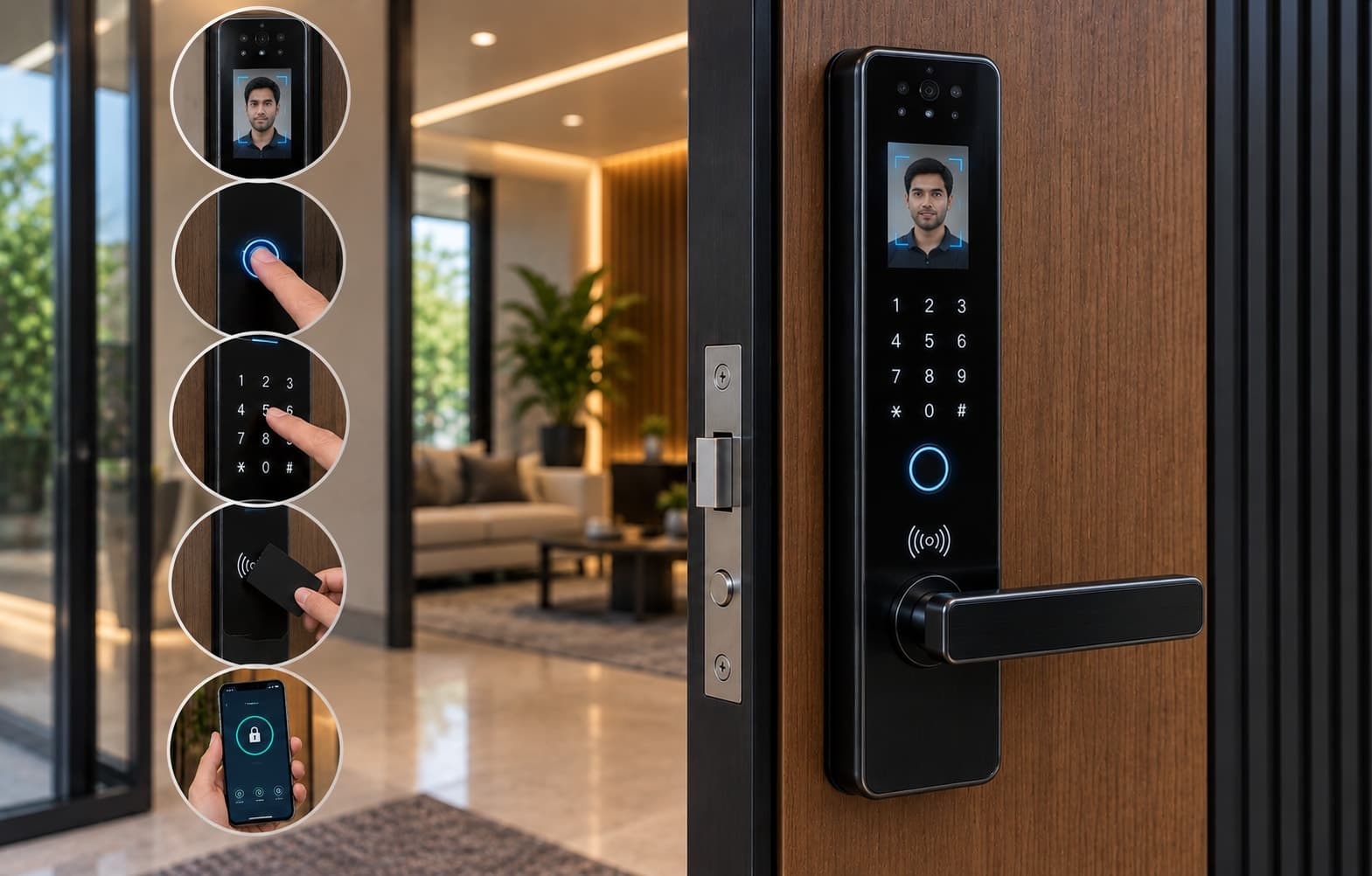 A smart lock showing fingerprint, keypad, card, and app unlock options