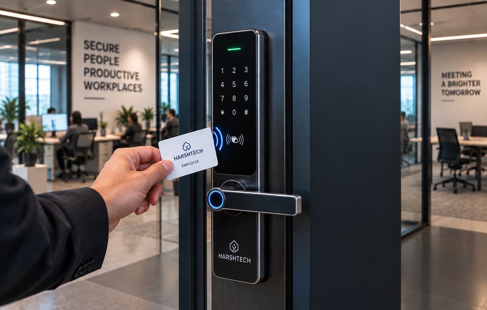 An employee tapping an ID card against an office smart door lock