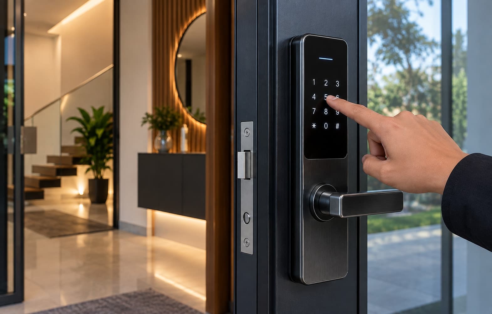 A finger entering a PIN code on a smart lock keypad