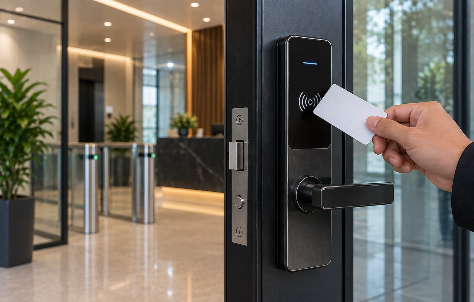 A hand tapping an RFID card against a smart door lock reader