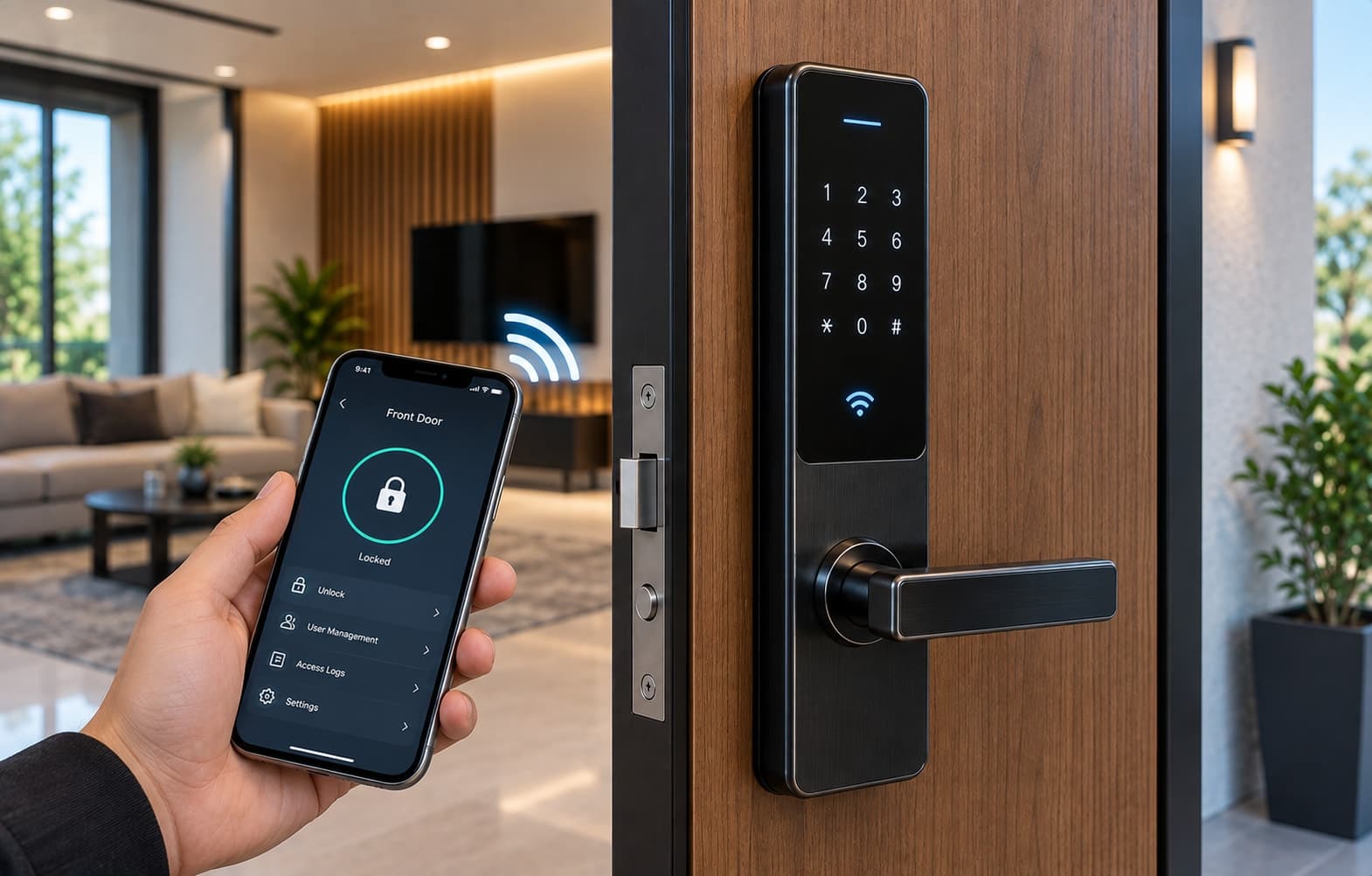 A smartphone app unlocking a Wi-Fi connected smart door lock