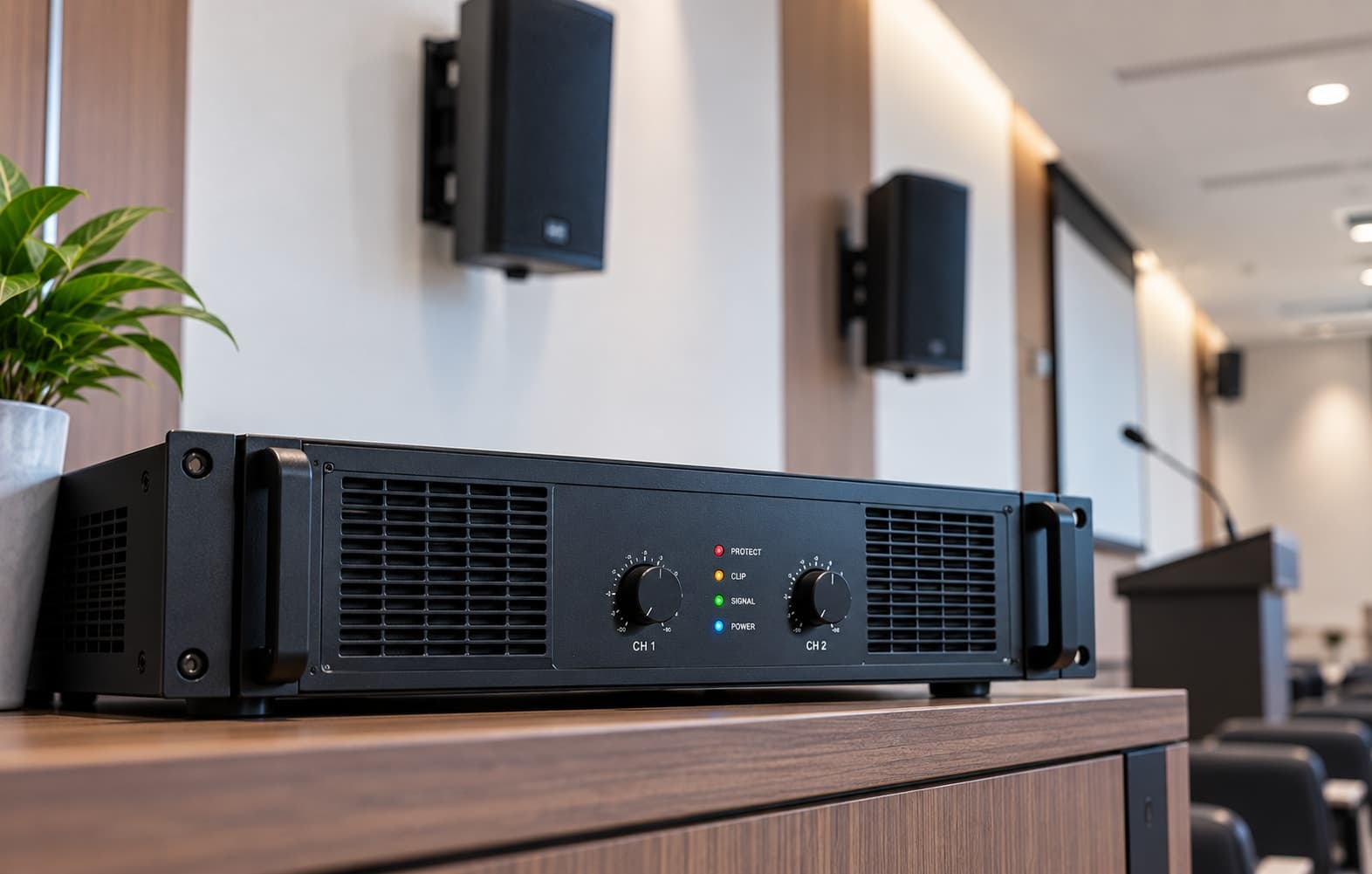 A rack-mounted power amplifier with channel controls in a conference room