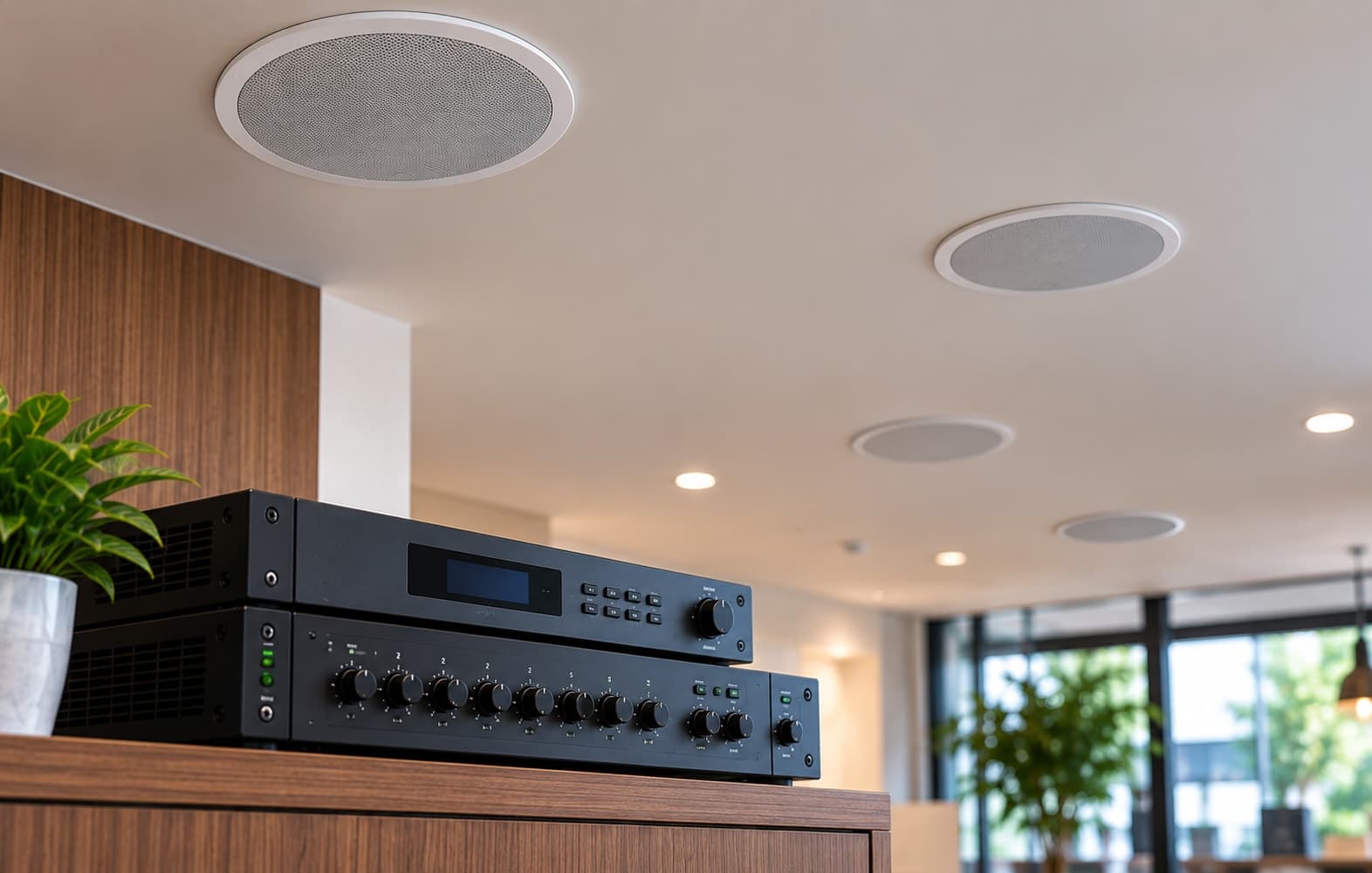 Ceiling-mounted speakers distributing ambient audio across a room