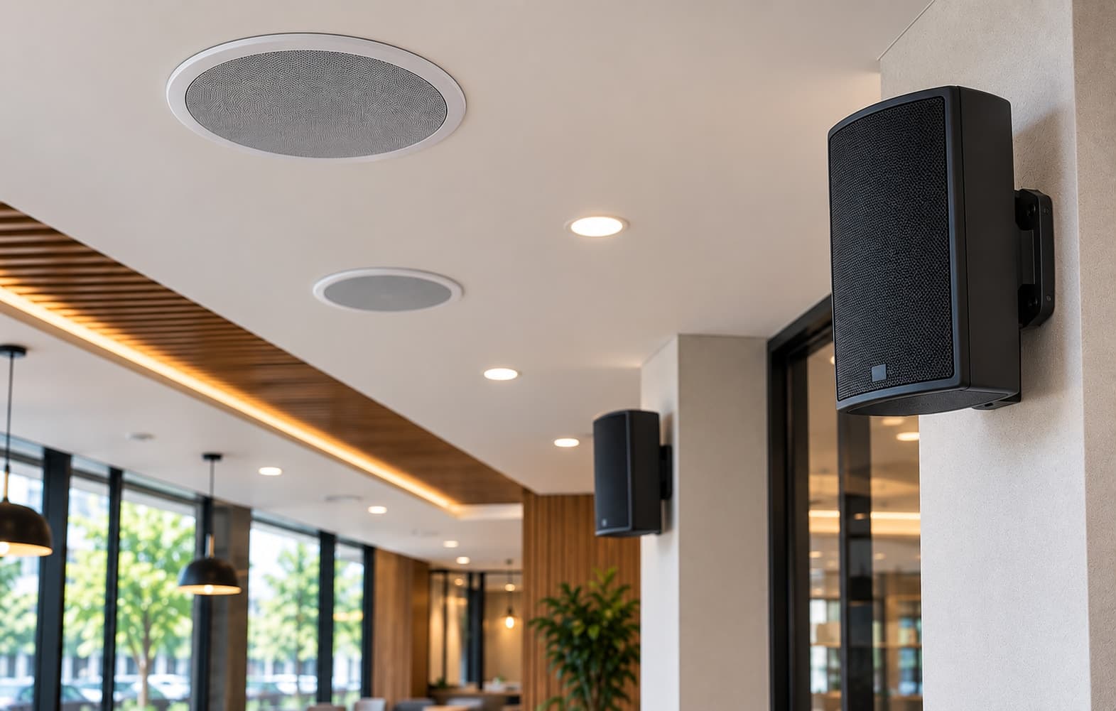 Ceiling and wall-mounted speakers installed along a building corridor