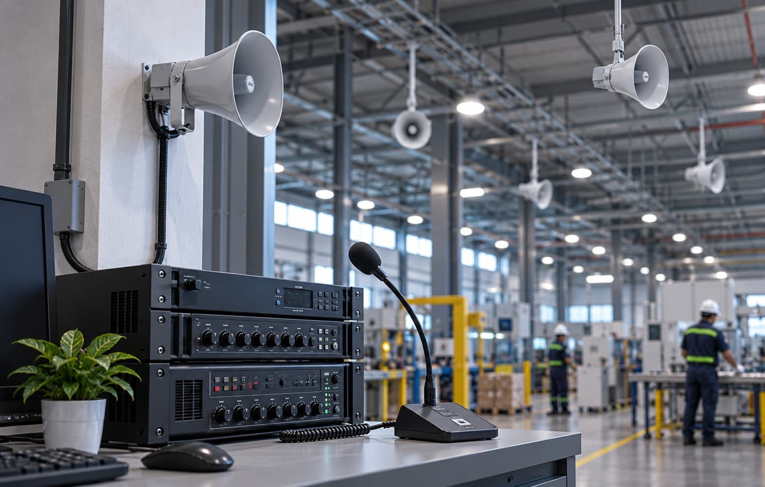 PA horn speakers and an amplifier rack in a warehouse setting