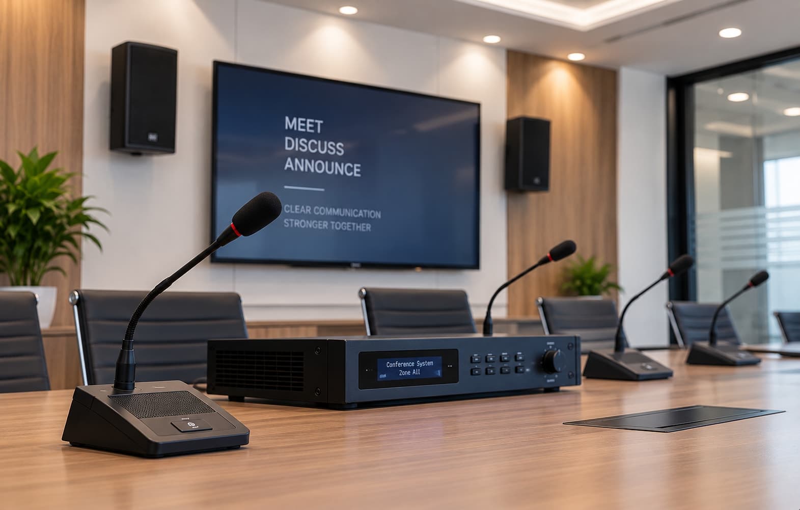 Conference room microphones and speakers set up around a meeting table