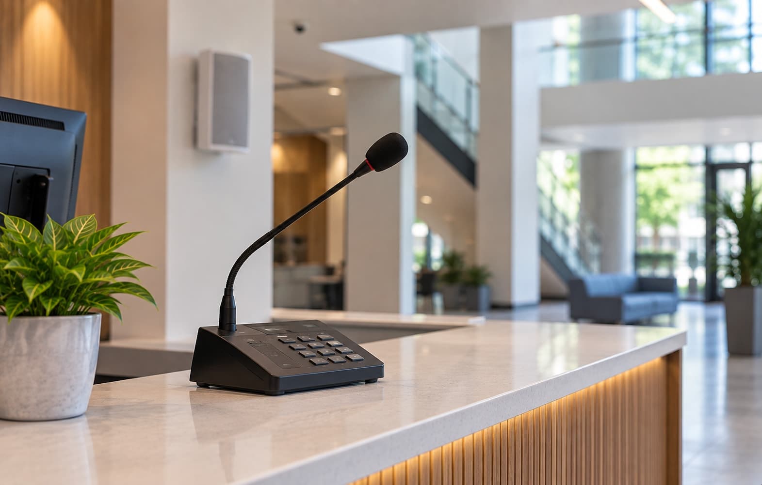 A gooseneck paging microphone at a reception desk