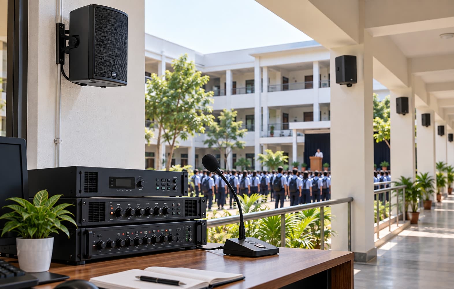 A wall-mounted speaker and paging microphone overlooking a school courtyard assembly