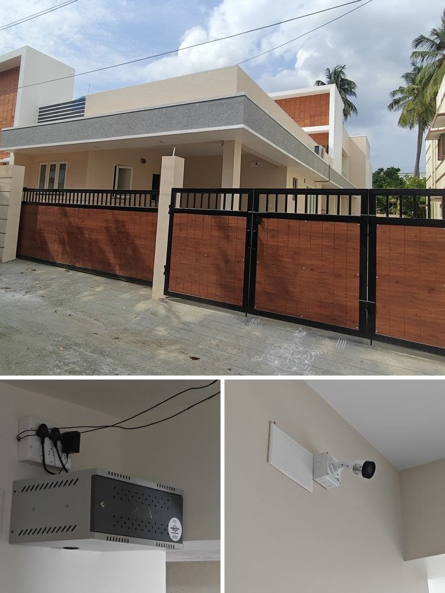 CCTV installation at a residential property: the exterior gate, the recorder unit mounted indoors, and a CP Plus bullet camera installed on an interior wall.