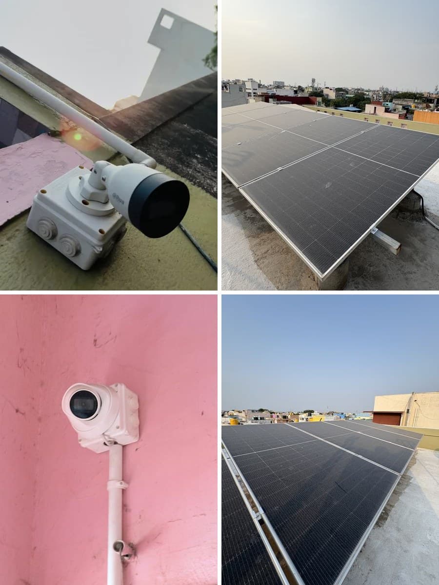 Combined CCTV and solar panel installation: a Dahua bullet camera mounted outdoors, a wall-mounted CCTV camera, and rooftop solar panel arrays.