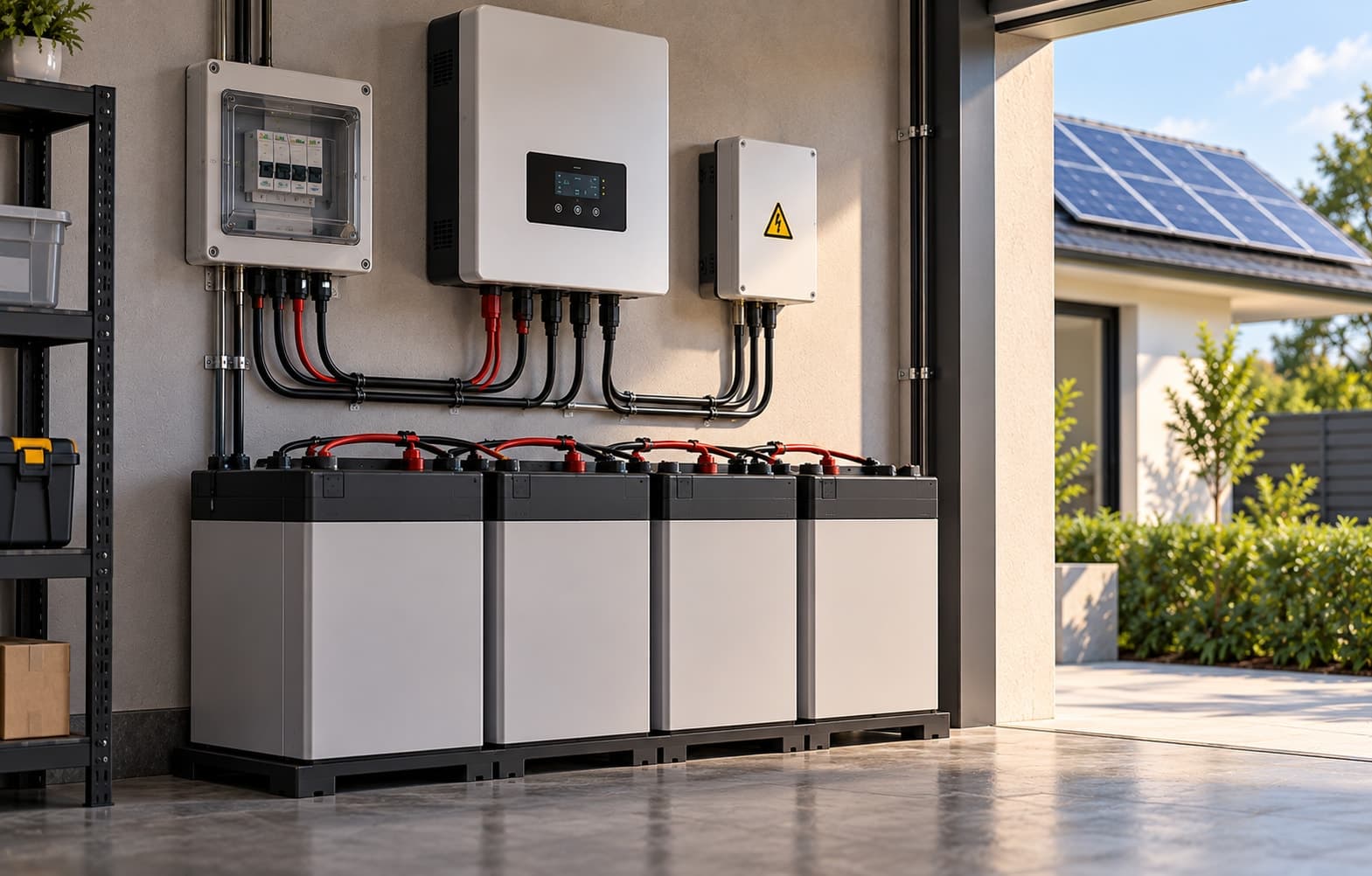 A row of solar battery storage units wired beneath an inverter and distribution boxes