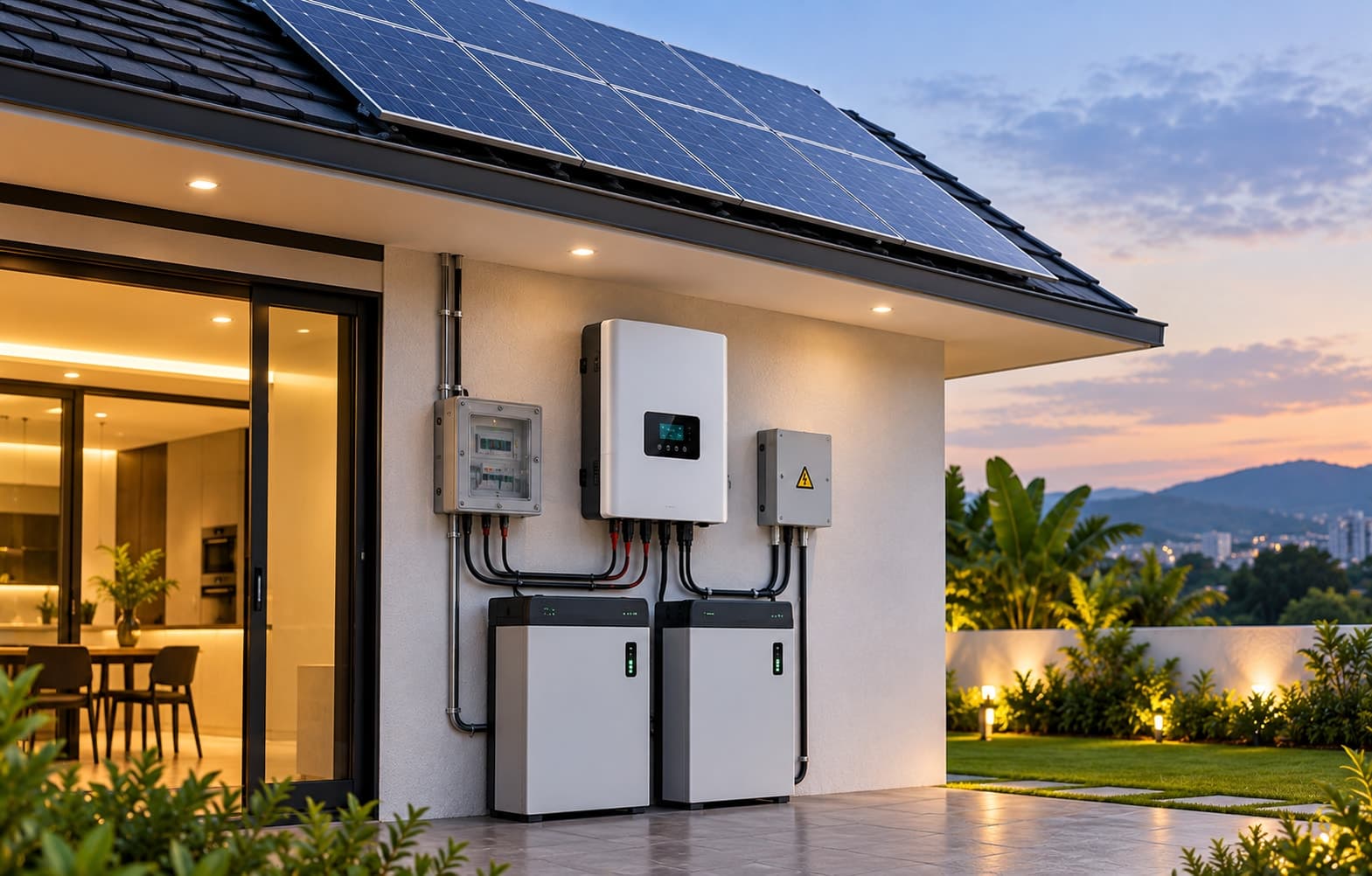 A hybrid solar inverter and battery bank installed on a home's exterior wall beneath a rooftop panel array