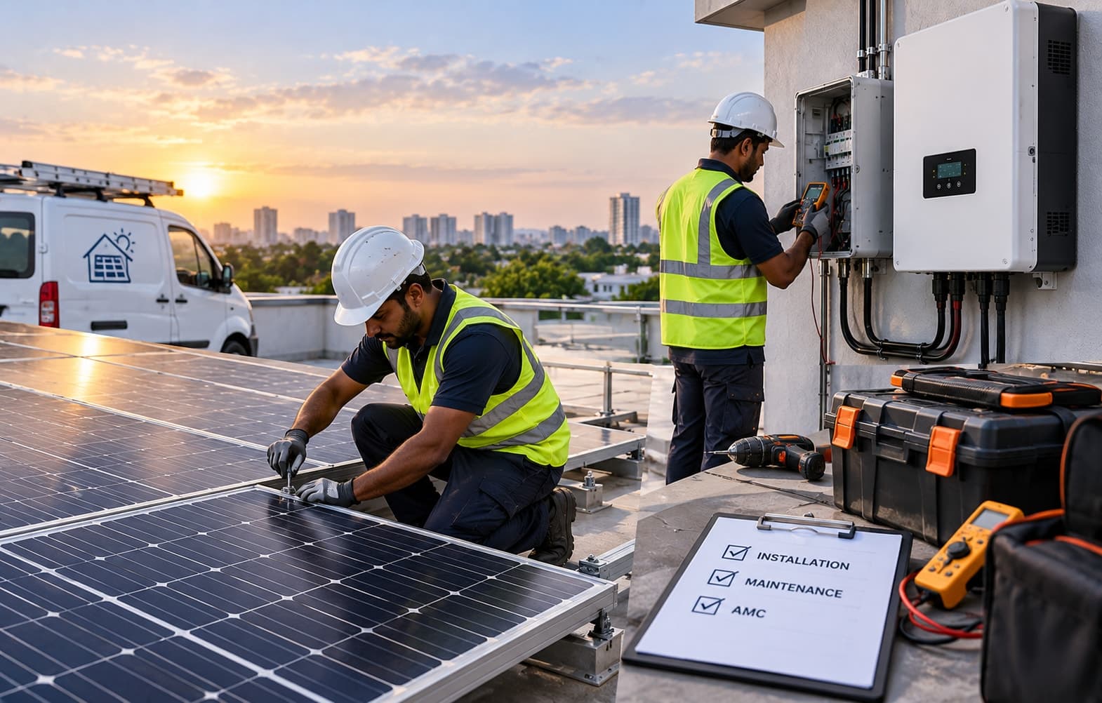 Technicians installing and servicing rooftop solar panels with a checklist for installation, maintenance, and AMC