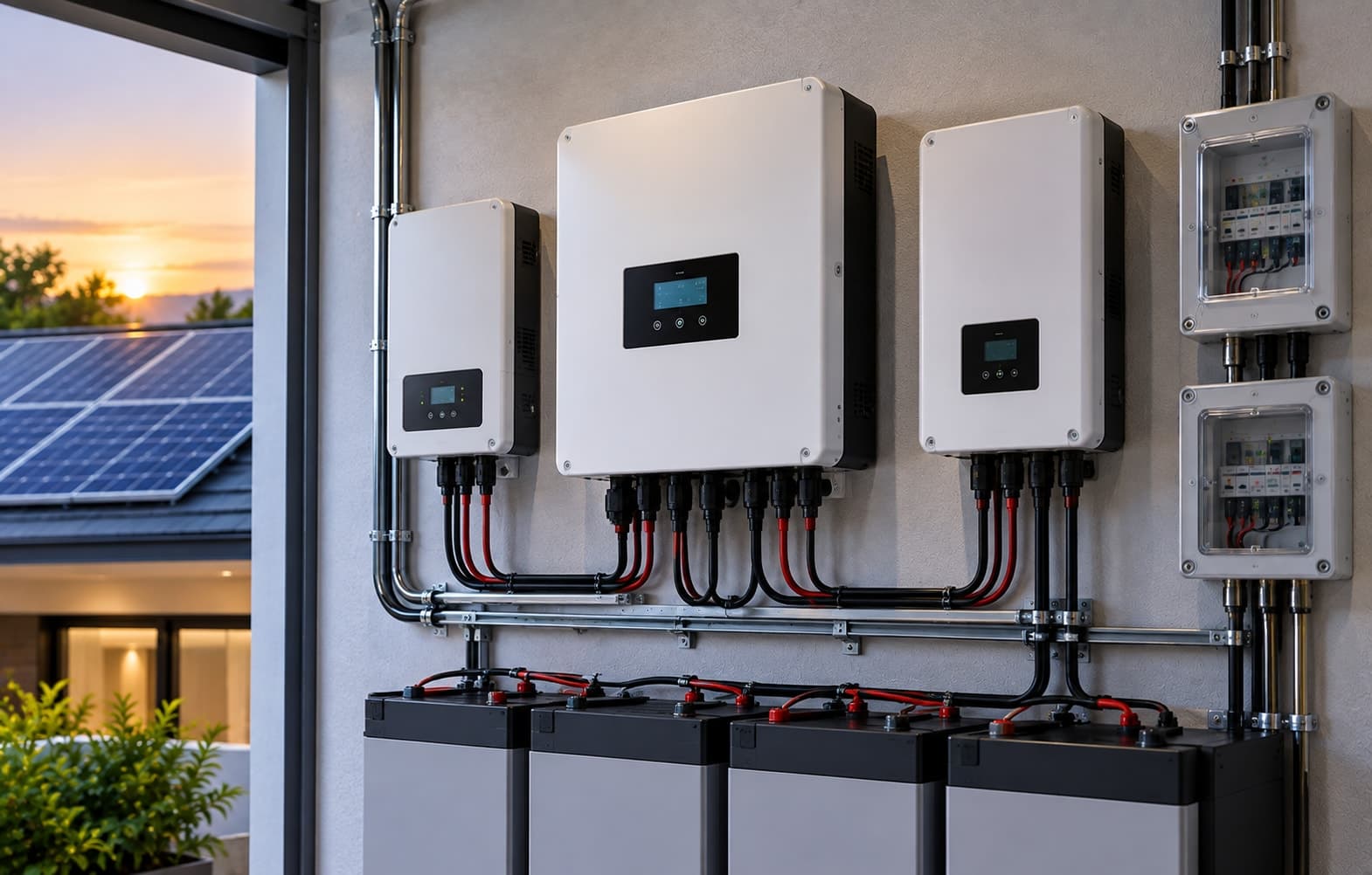 Solar inverters and distribution boxes mounted on a wall with battery banks below