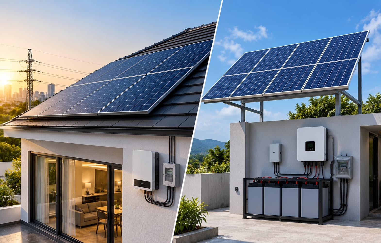 Split view of an on-grid rooftop solar array beside an off-grid ground-mounted array with battery storage