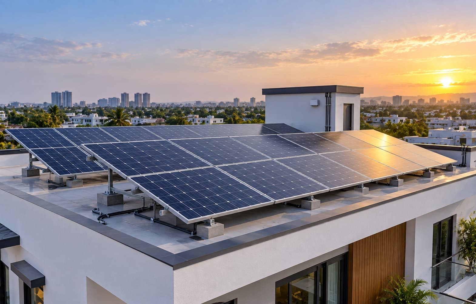 A large rooftop solar panel array on a building at sunset with a city skyline in the background