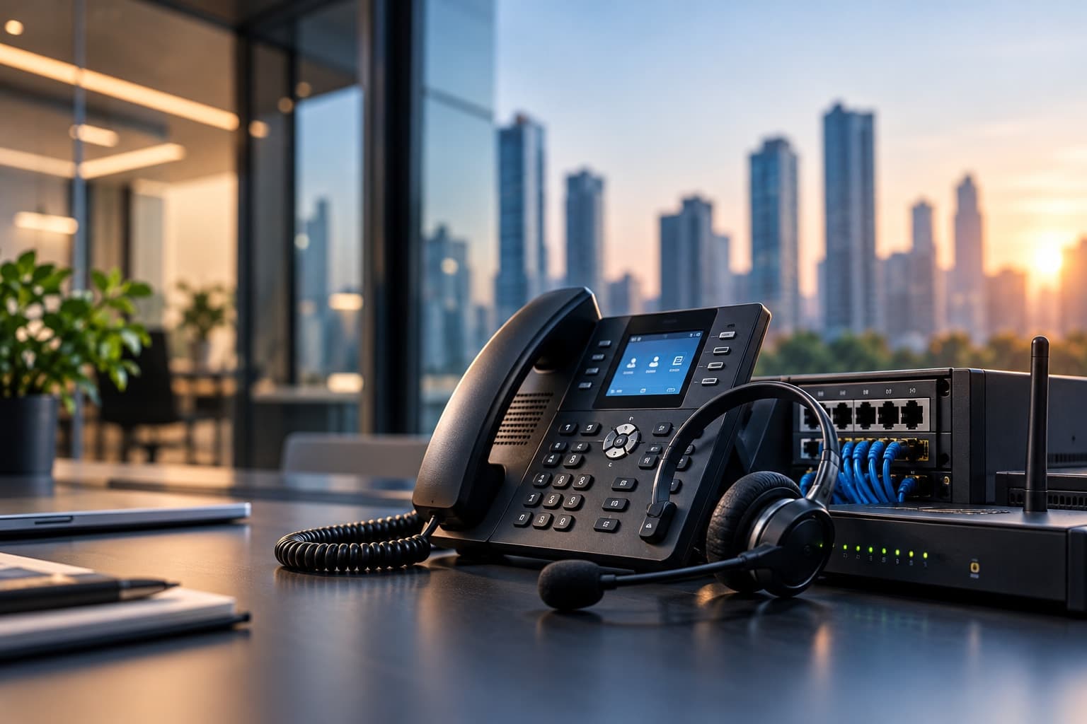 An office IP phone and headset connected to networking equipment, with a digital global-network overlay