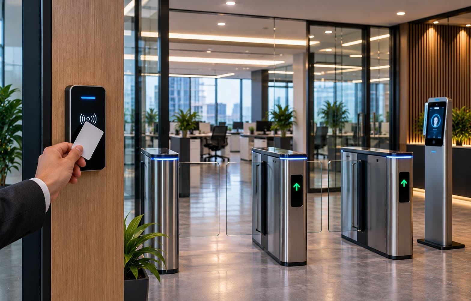 An employee tapping an access card against a reader beside office turnstiles