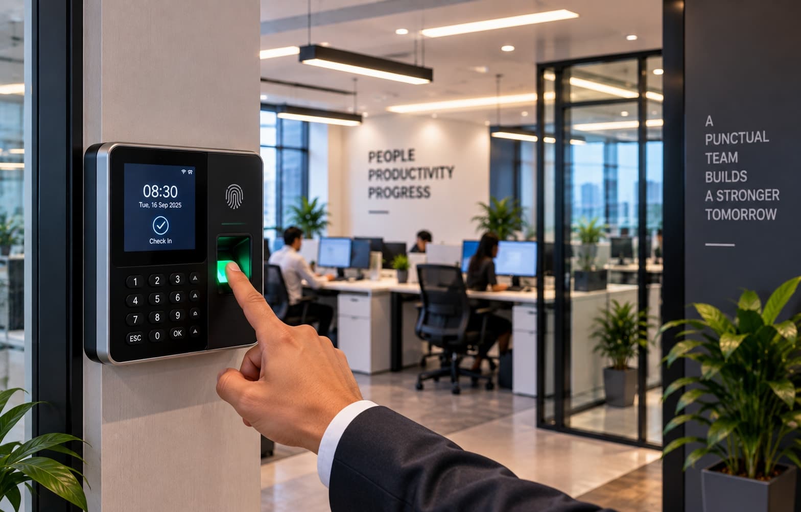 An employee checking in with a fingerprint scan on an office attendance terminal