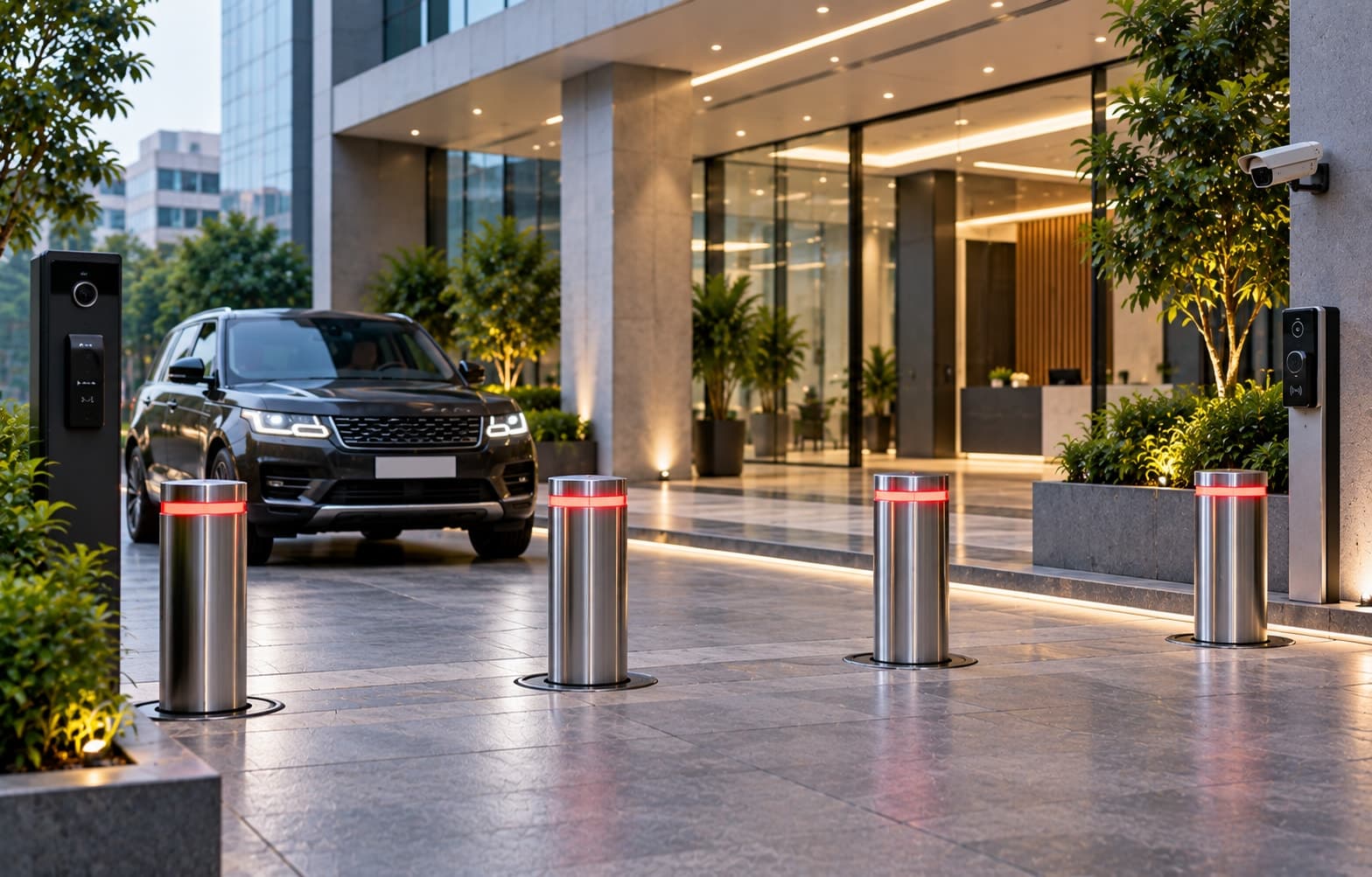 A row of raised hydraulic security bollards outside an office building entrance