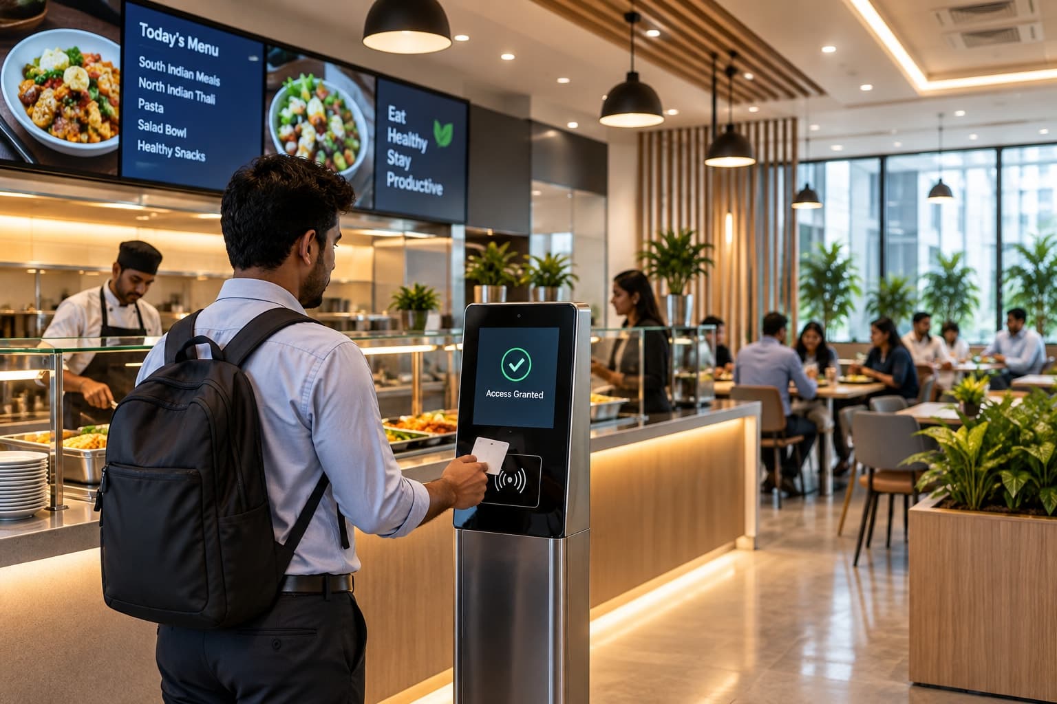 An employee tapping a card at a canteen access kiosk showing Access Granted, with a digital menu board in the background