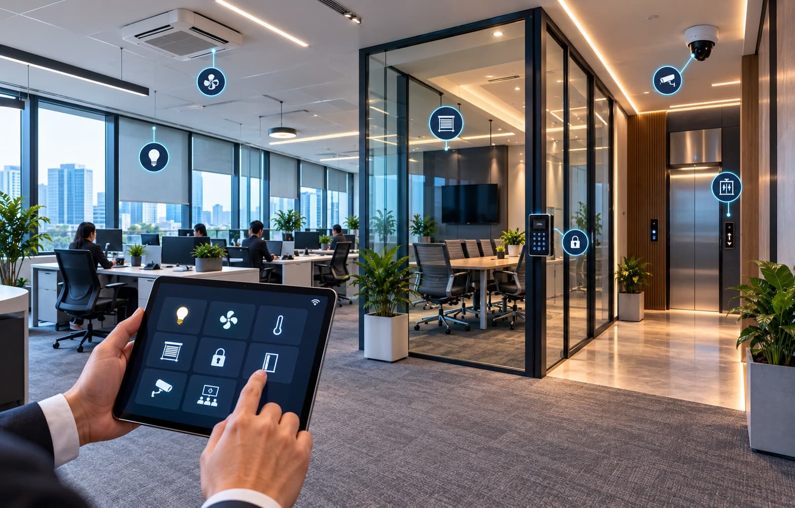 A tablet controlling multiple connected systems throughout an office, shown with linked icons across the space