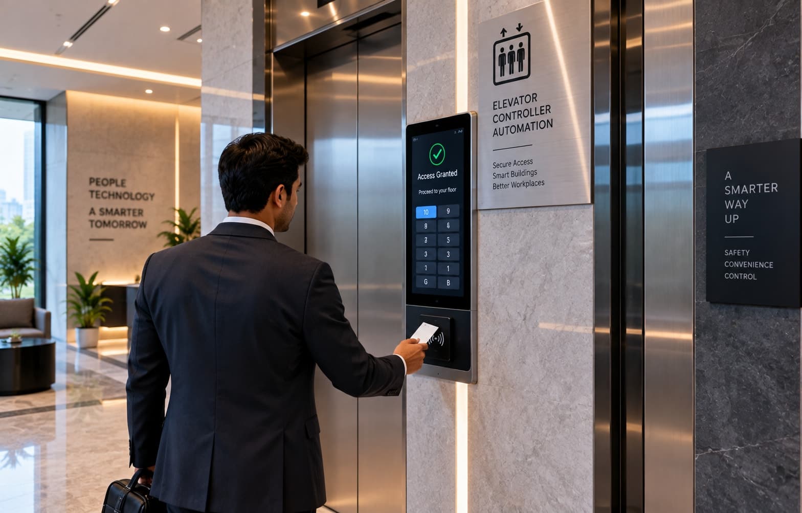 An employee tapping an access card at an elevator controller panel