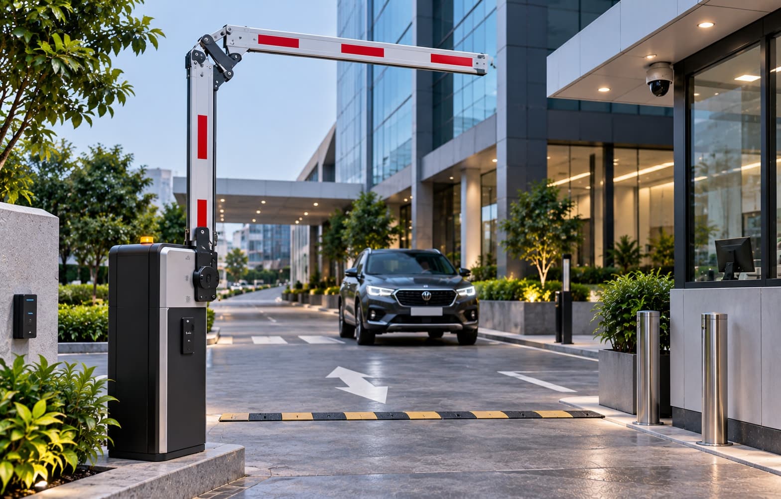 A folding boom barrier raised at an office driveway entrance with a car approaching