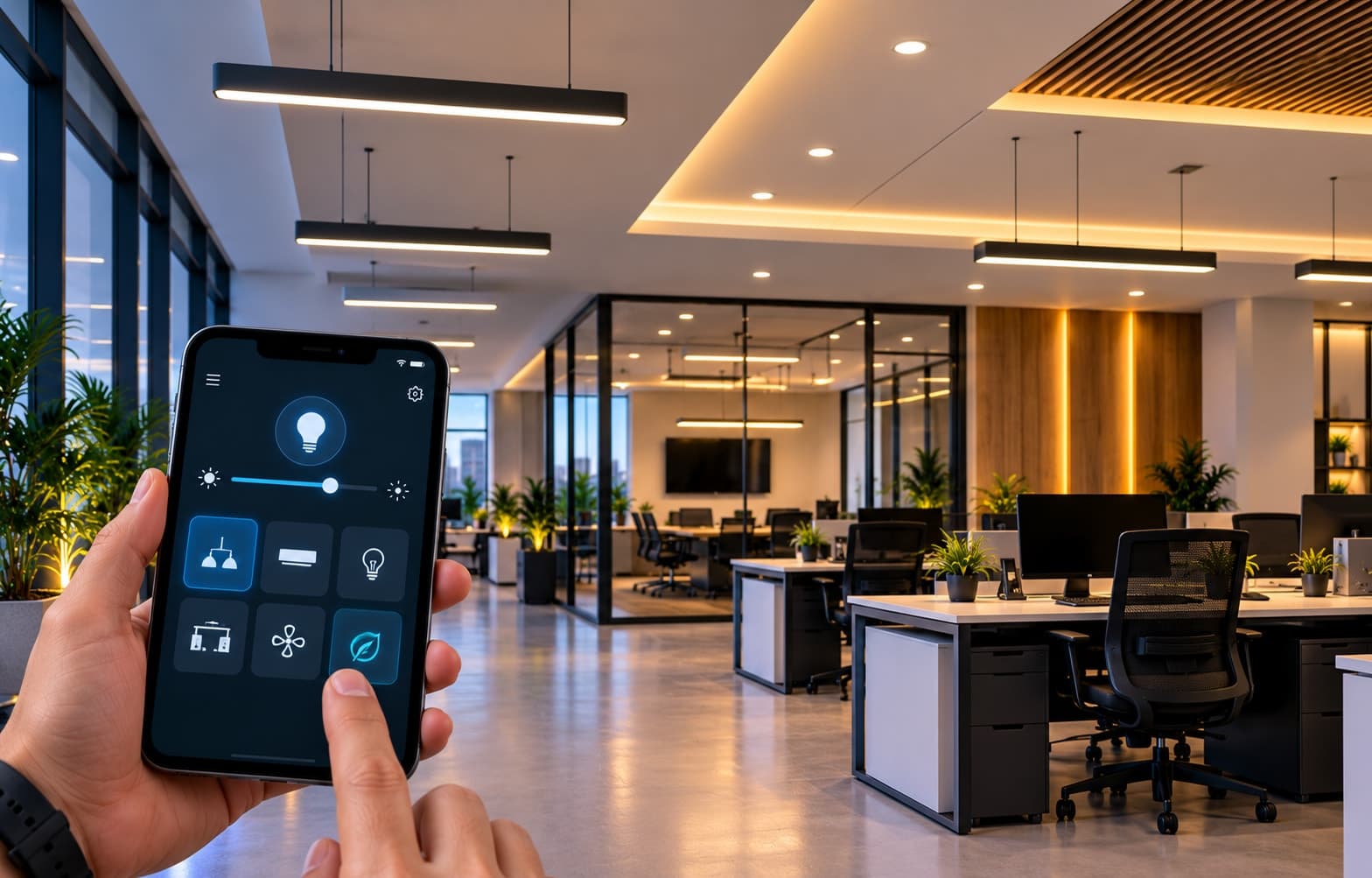 A hand controlling office lighting and energy settings from a phone app
