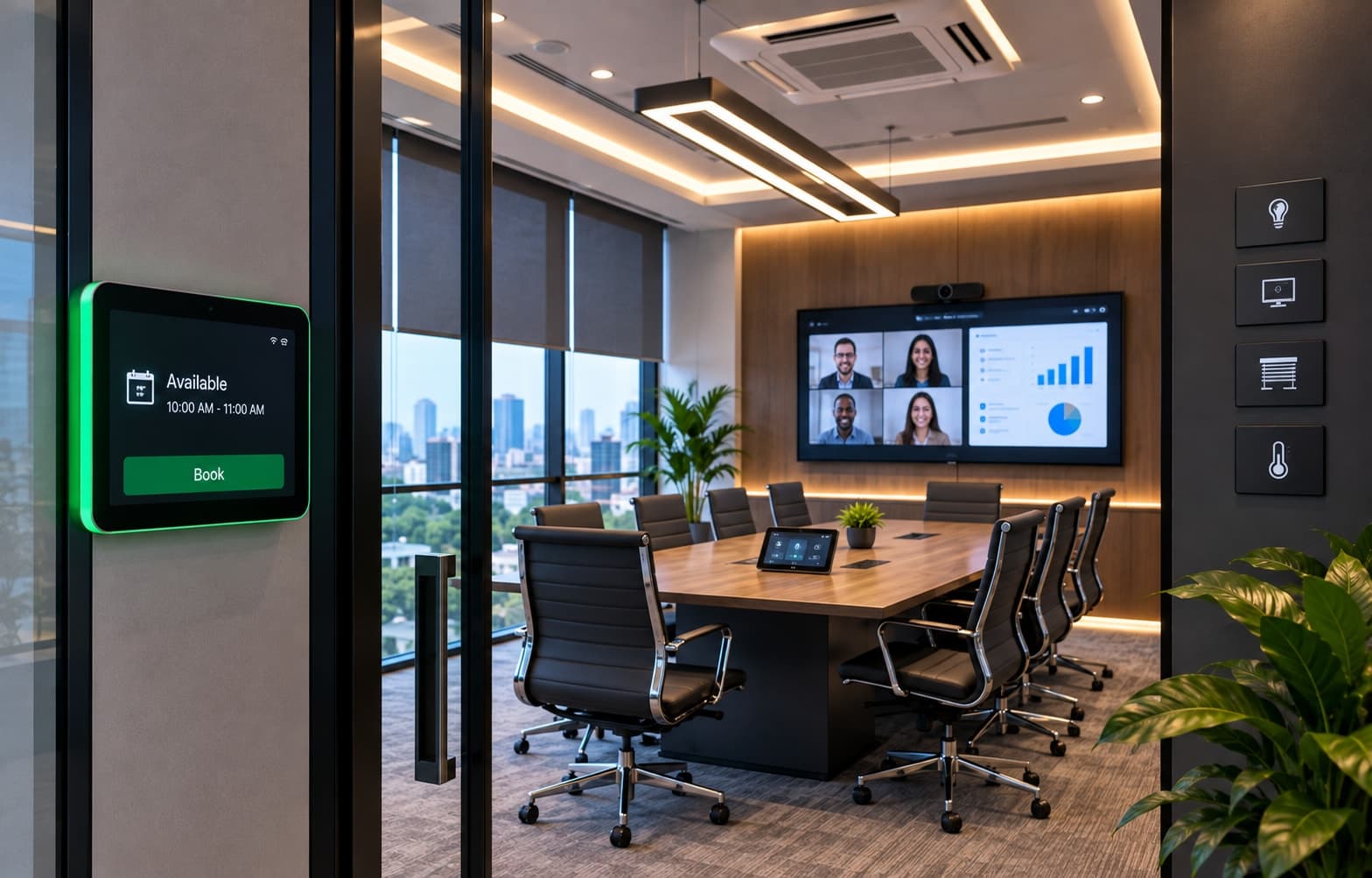 A meeting room booking panel outside a glass conference room with a video call on screen