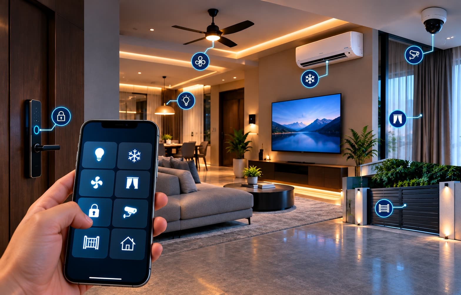 A phone app showing controls for lights, AC, fan, curtains, lock, and CCTV