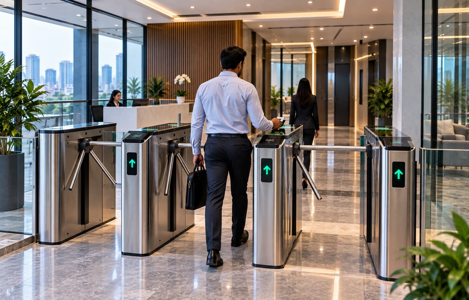 An employee walking through automated tripod turnstiles at an office lobby