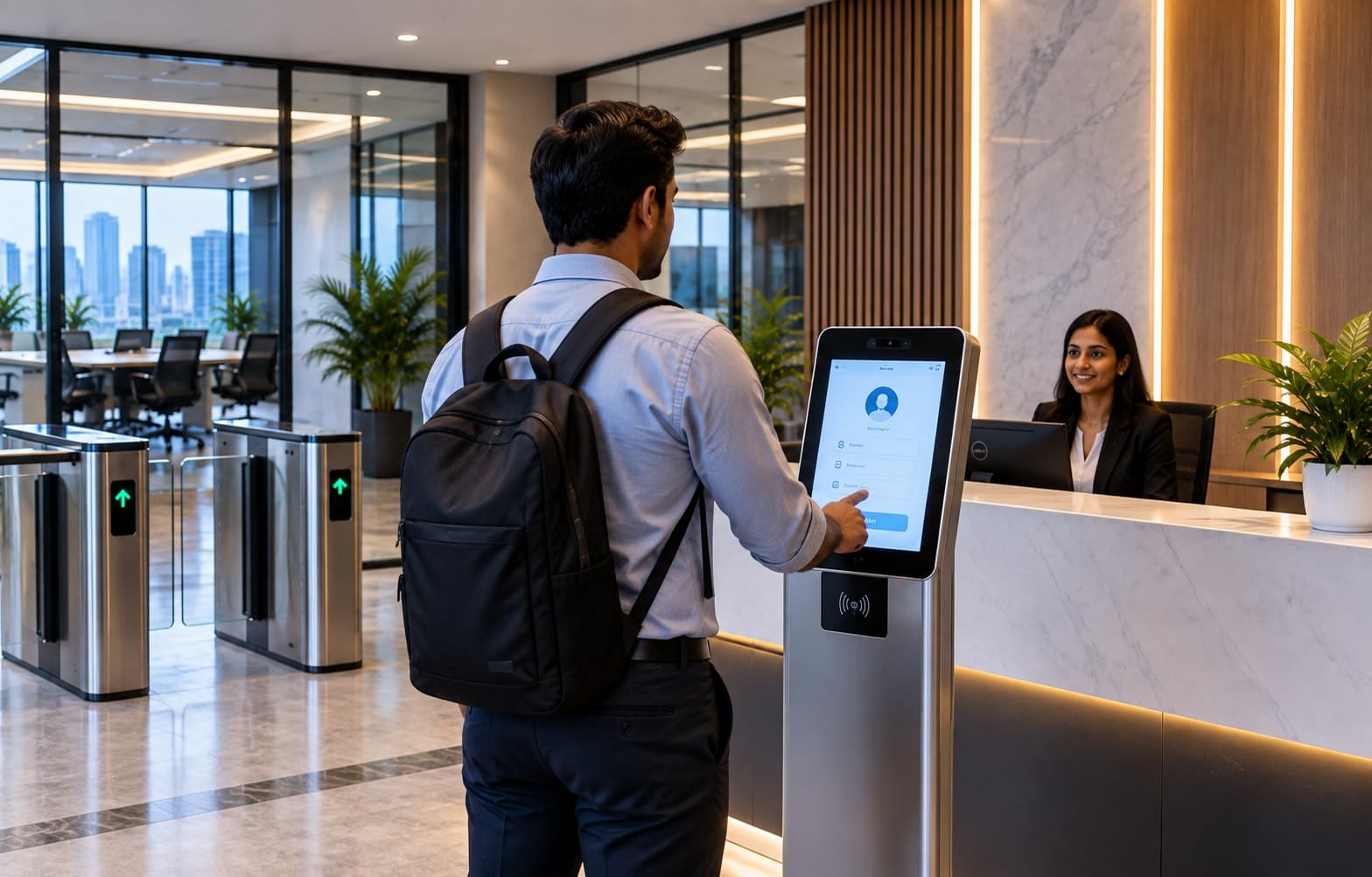 A visitor checking in at a digital kiosk beside an office reception desk