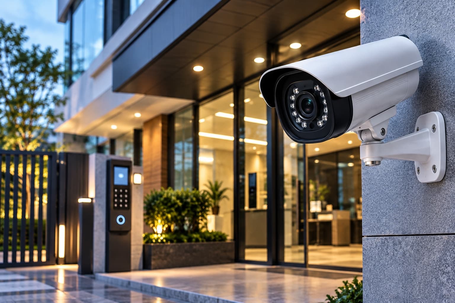 Close-up of an outdoor CCTV security camera mounted on a building at dusk, city lights blurred in the background