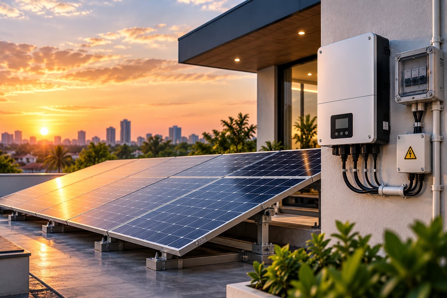 A technician installing rooftop solar panels at sunset