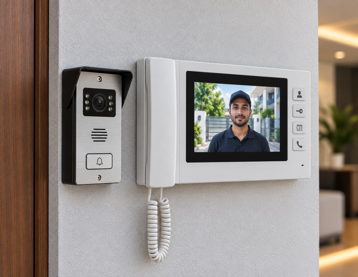 A traditional video door phone buzzer panel mounted on a brick wall