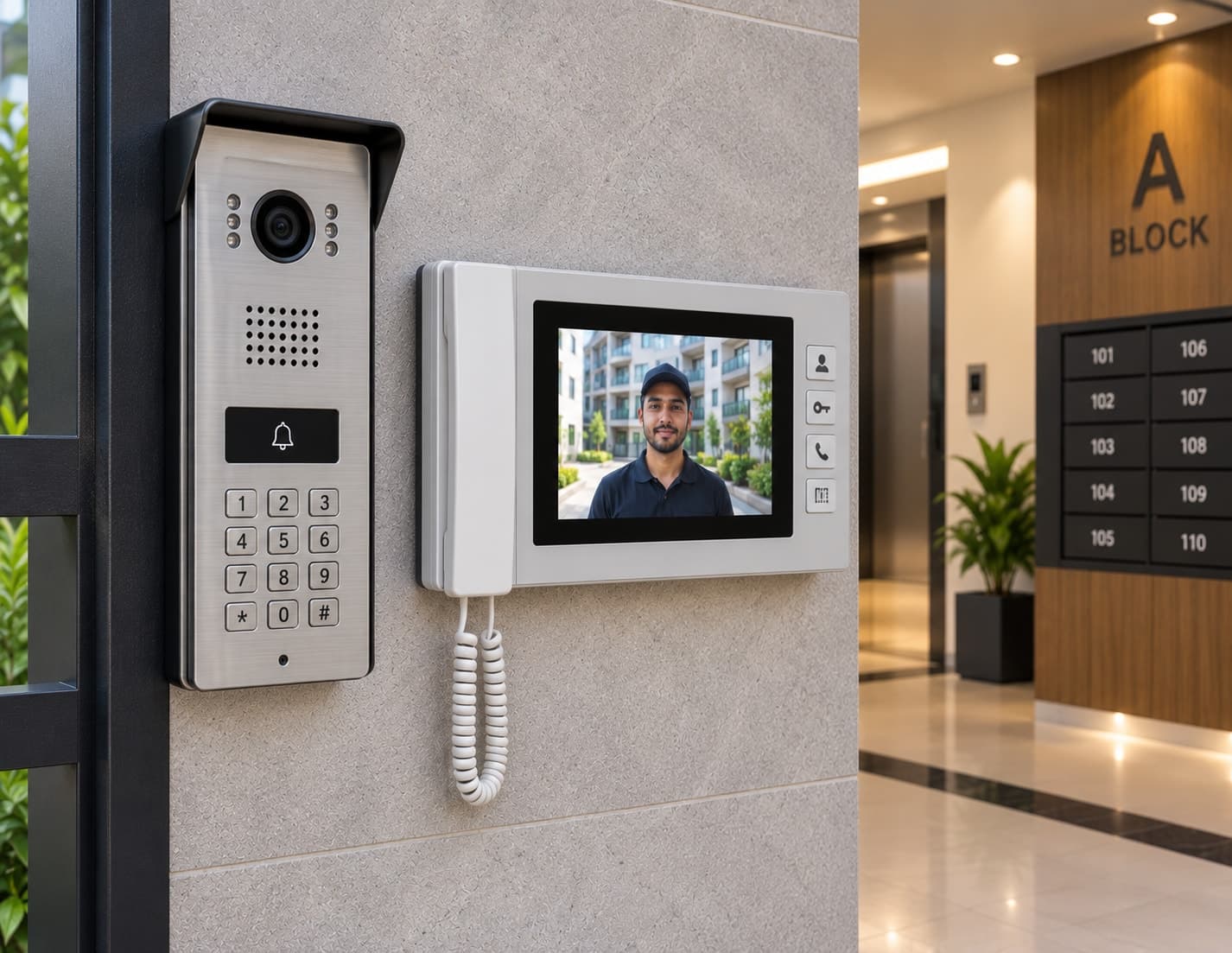 A compact video door phone camera mounted beside an apartment door