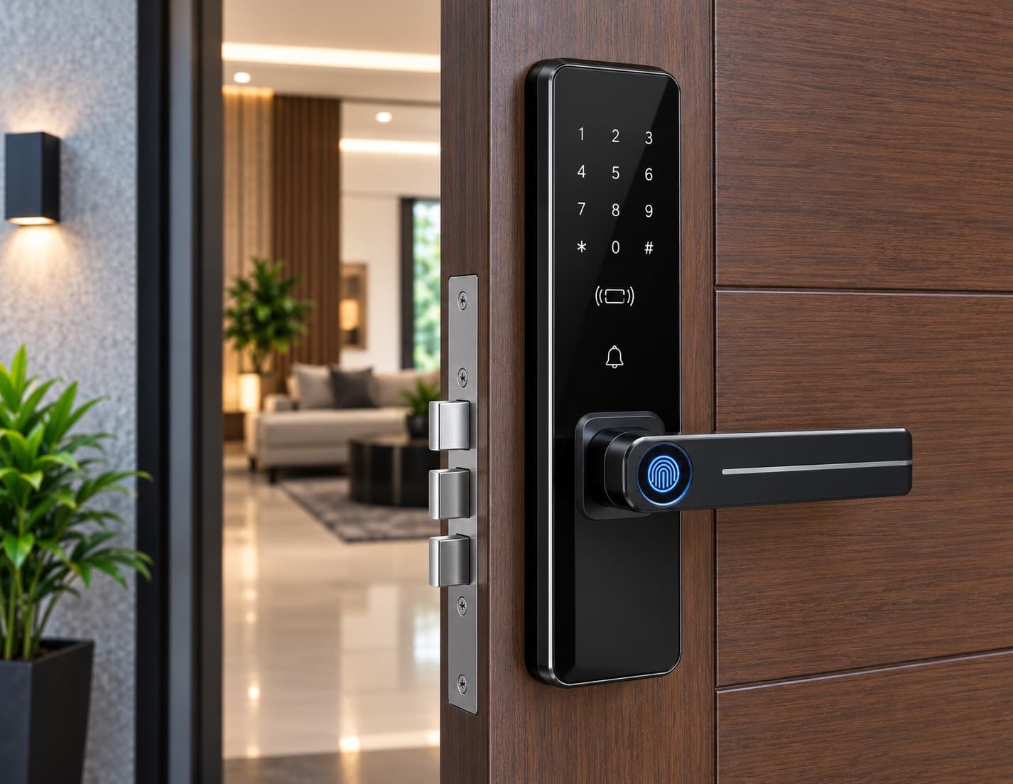 A digital keypad and fingerprint access lock mounted on a glass door