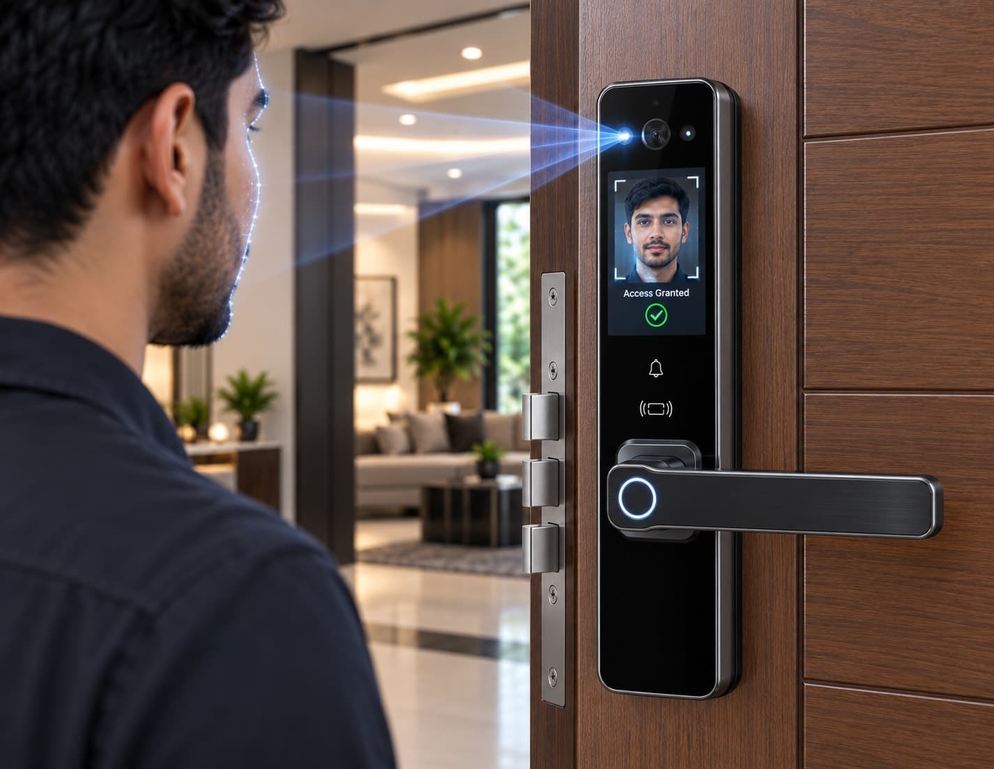 A keypad and biometric scanner door lock with an illuminated display