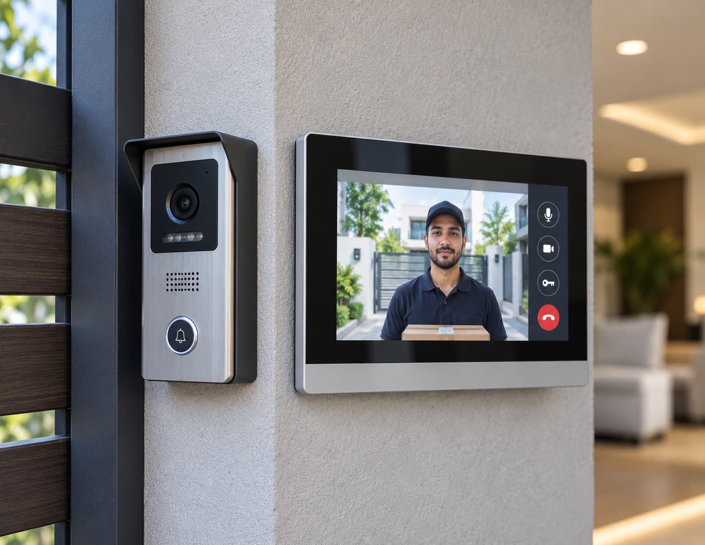 An IP video door phone with keypad and camera mounted on a gate post
