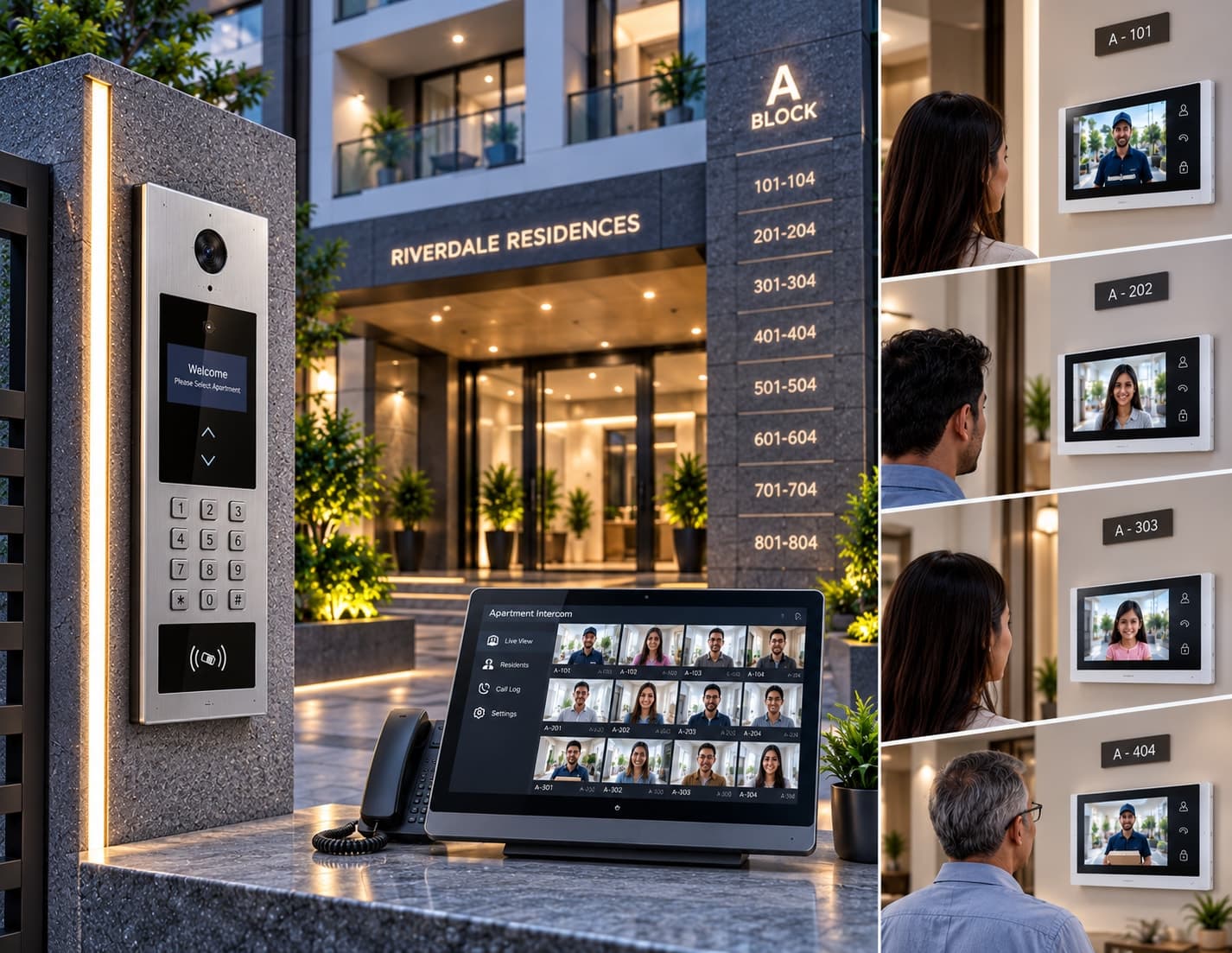 A multi-unit video intercom directory panel mounted on a building wall