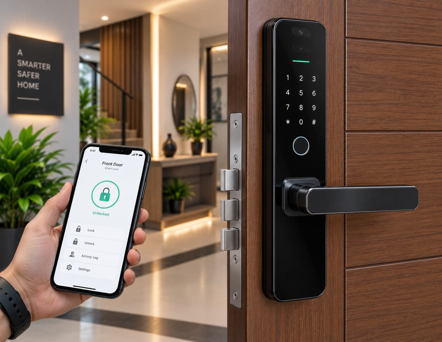 A modern round smart lock mounted on a dark front door