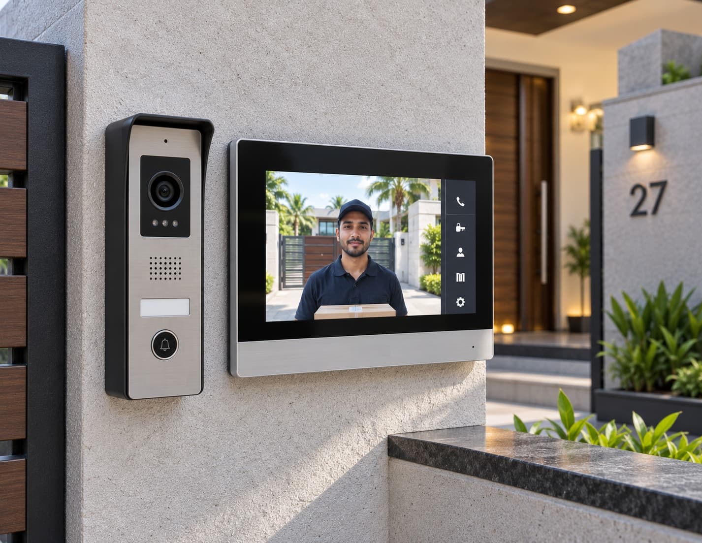 A video door phone unit beside an ornate iron gate at a villa entrance
