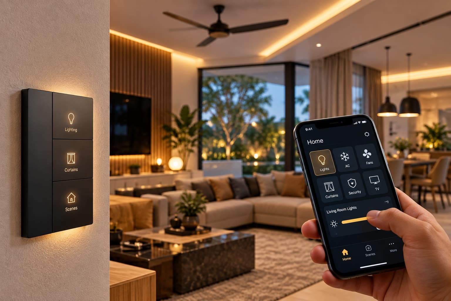 A smart home control panel and phone app managing living room lighting