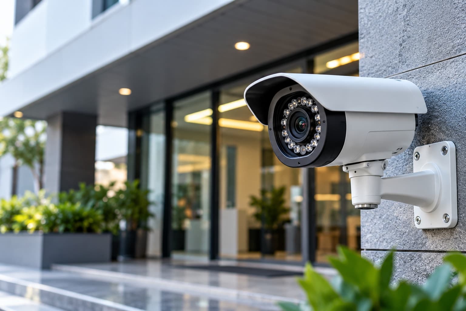 Outdoor CCTV security camera mounted on a modern building exterior