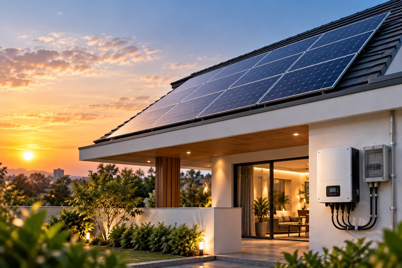 Rooftop solar panels on a modern home at sunset with the inverter mounted on the wall